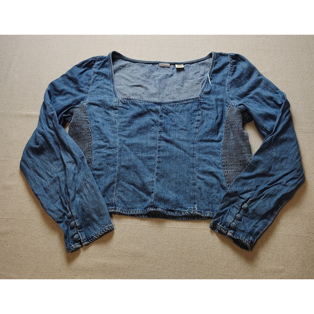 Levis Womens XXL Denim Square Neck Smocked Side Long Sleeve Blouse Blue Top XX